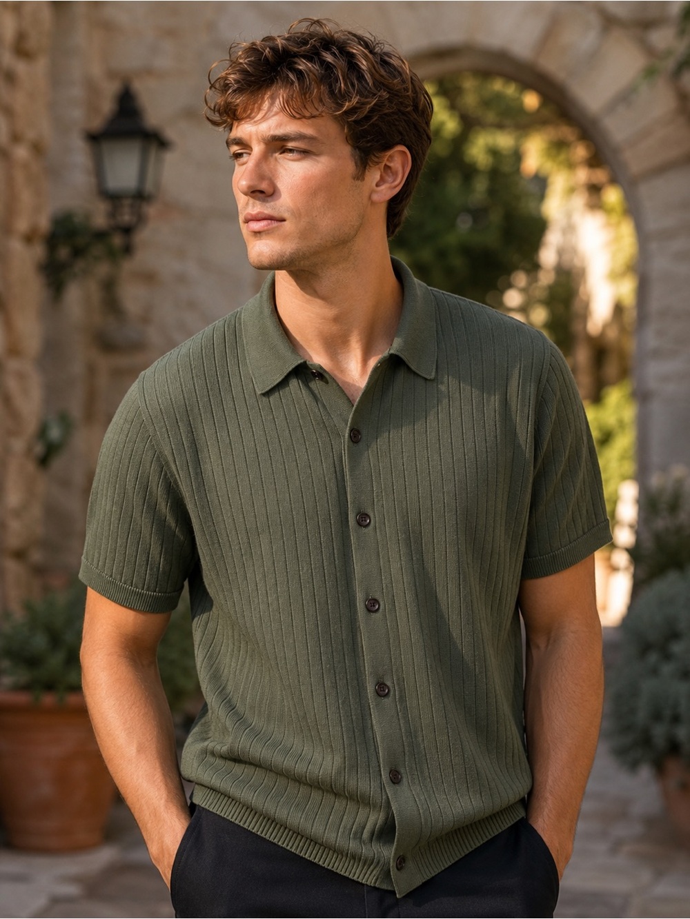 J. Crew Cotton Olive Green Short-Sleeve Ribbed Knit Polo Shirt